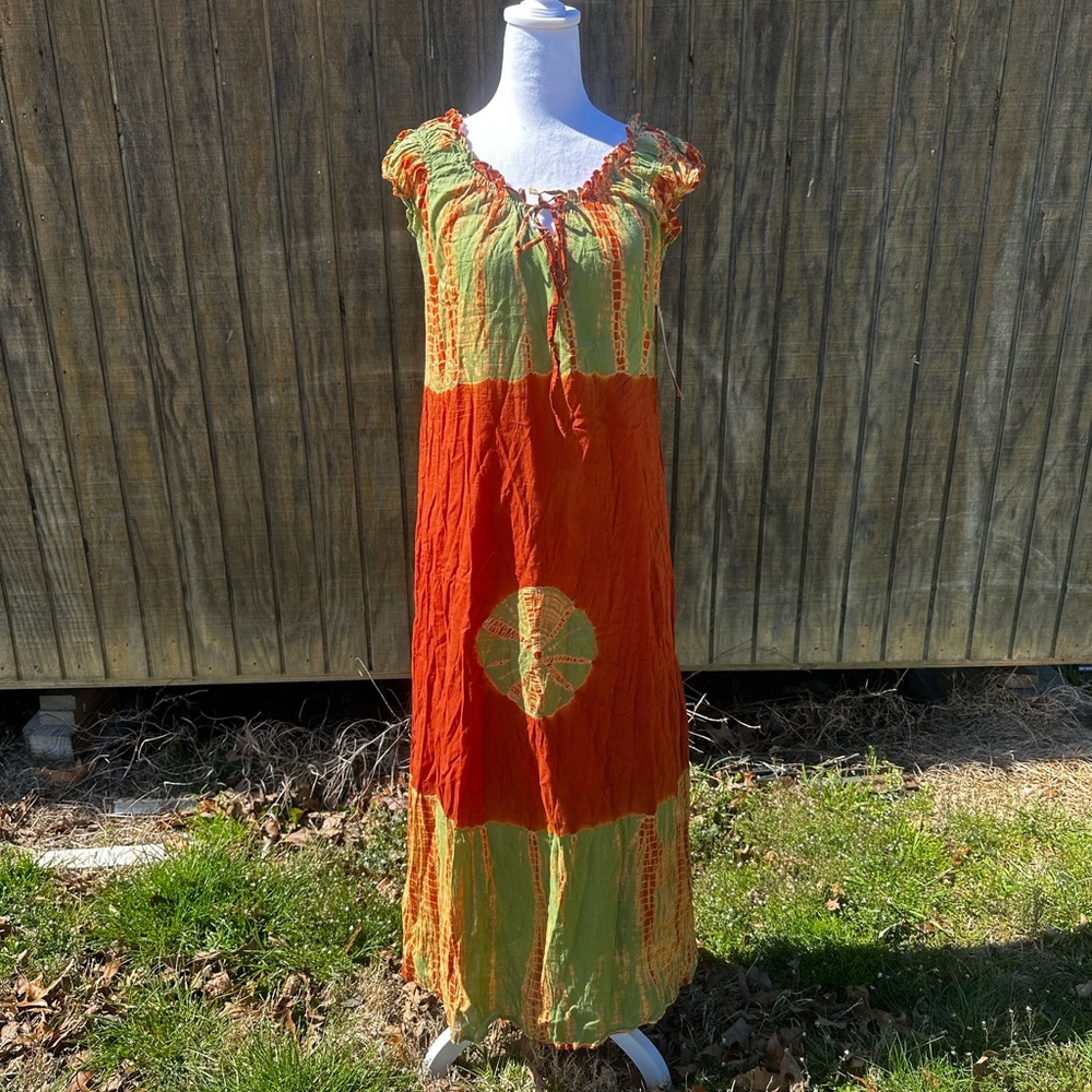 #1180 Bohemian Orange and Green Maxi Dress Size Large NWT